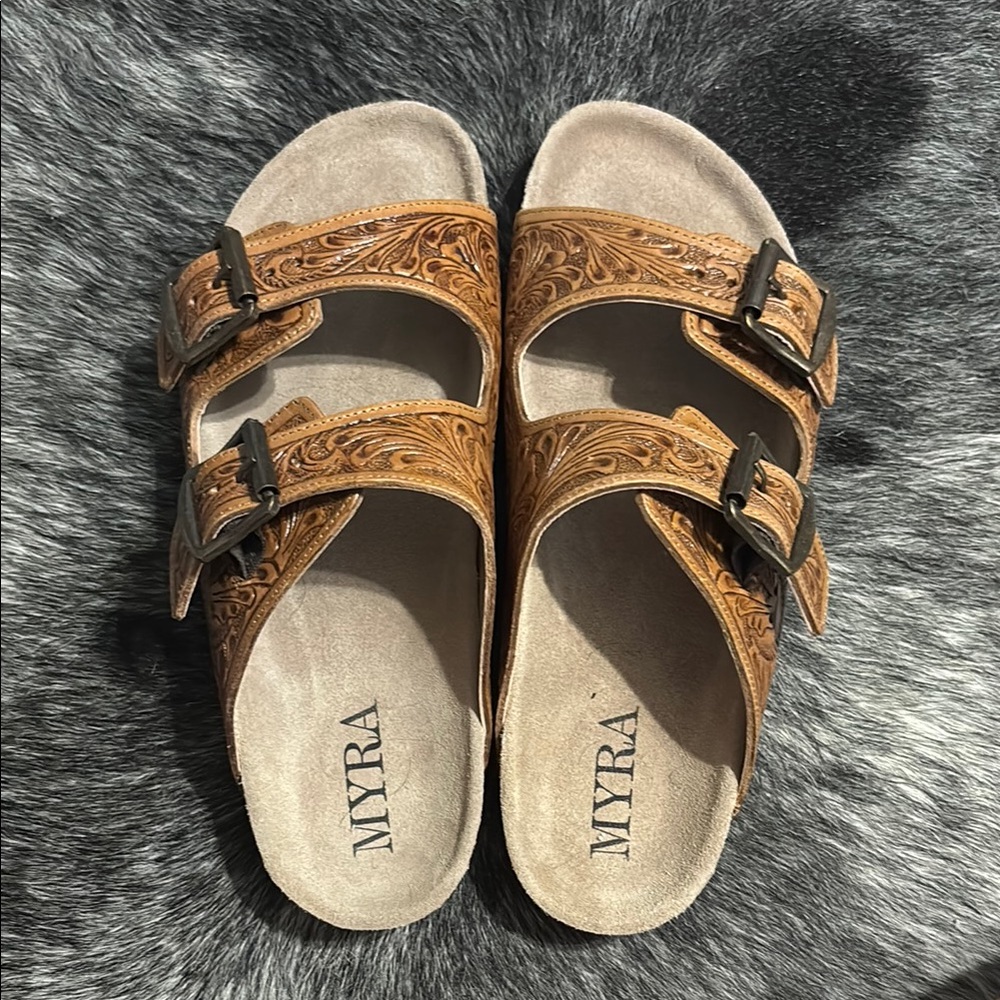 Myra Bag Tan Sandals with Buckle Accents